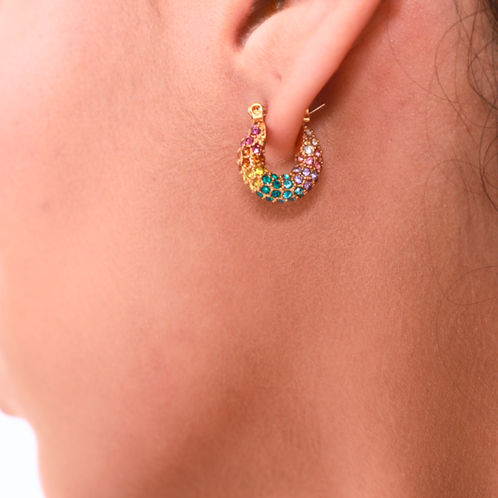 Mini Multi-Colour Zirconia Gold Plated Hoop Earrings on Ears by The Happiness Store
