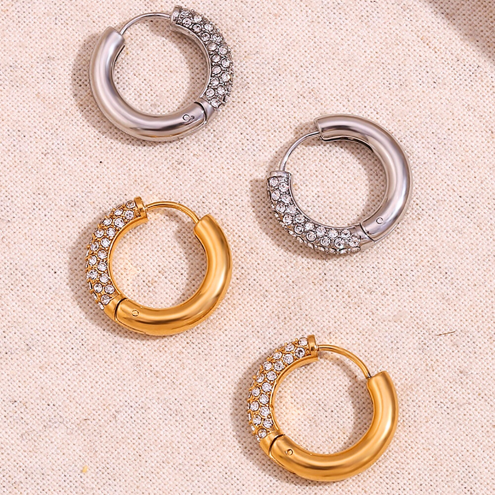 Reversible Gold Plated & Stainless Steel Zirconia Diamond Hoops Pair by The Happiness Store