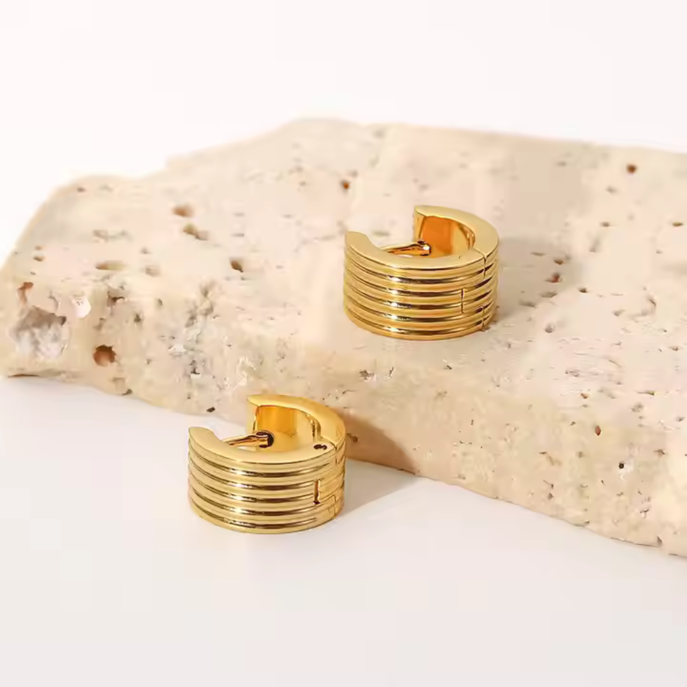 Gold Plated Ribbed Multi-Layer Earring on Rock by The Happiness Store