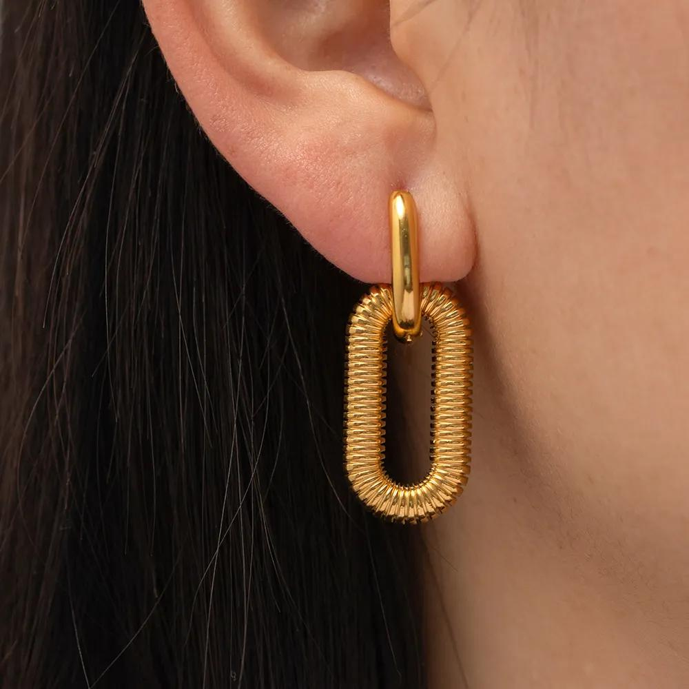 Gold Plated Double Hoops Earring on Women Ears by The Happiness Store