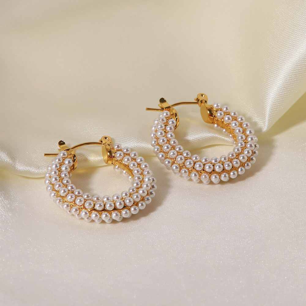 Embellished White Diamonds & Gold Plated Hoop Earrings on Cloth by The Happiness Store