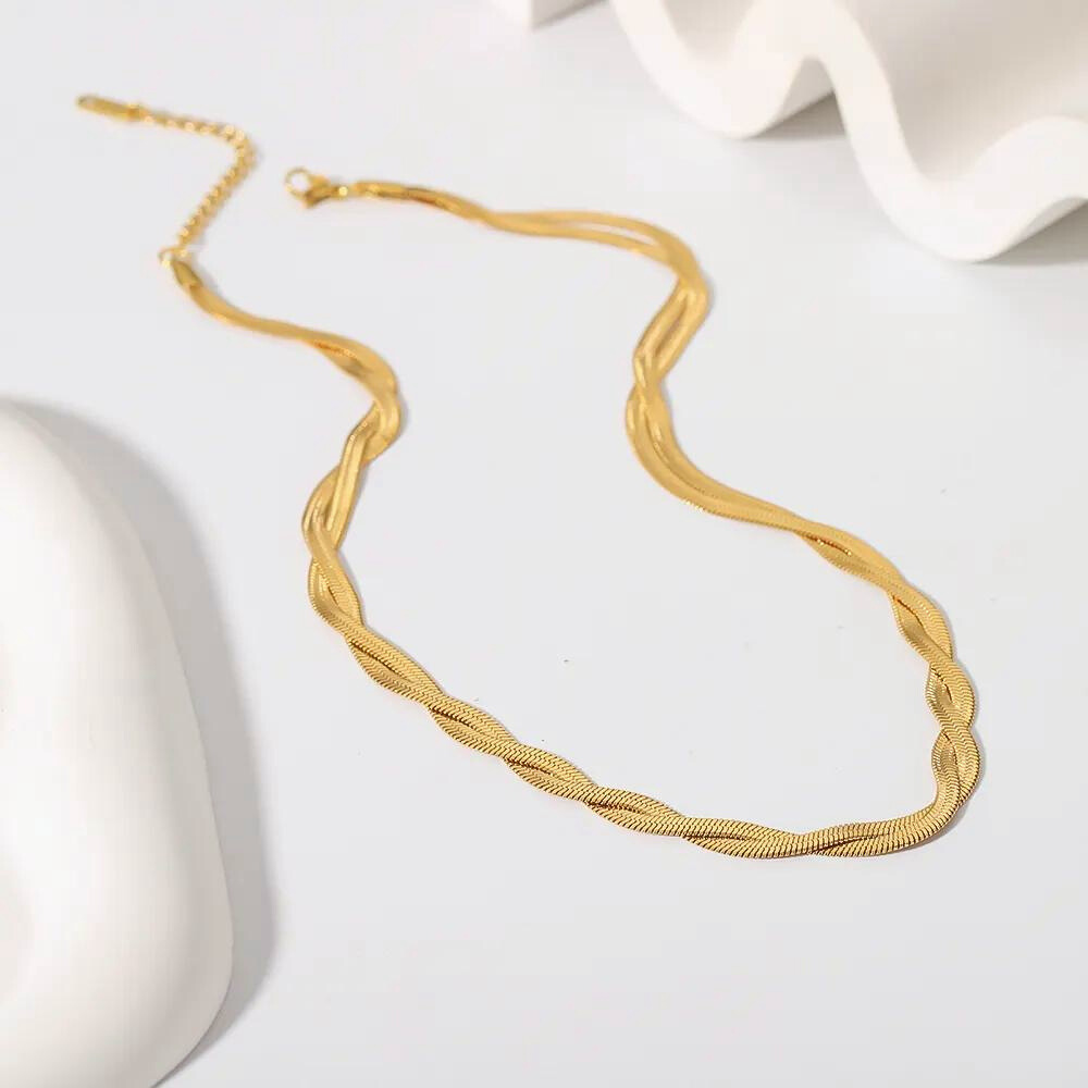 Gold Plated Braided Snake Herringbone Necklace Zoom View by The Happiness Store