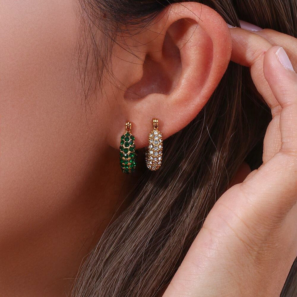 Embellished White & Green Diamonds & Gold Plated Hoop Earrings on Ears by The Happiness Store