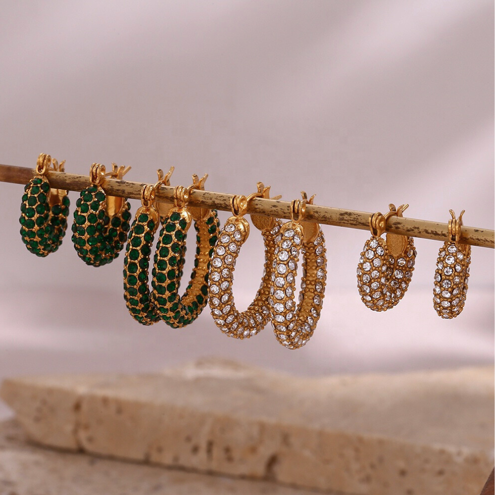 Embellished White & Green Diamonds & Gold Plated Hoop Earrings on Stick by The Happiness Store