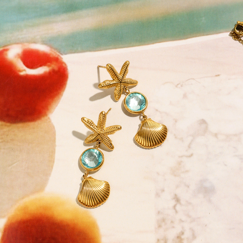 Starfish & Shell Drop Earrings in Gold