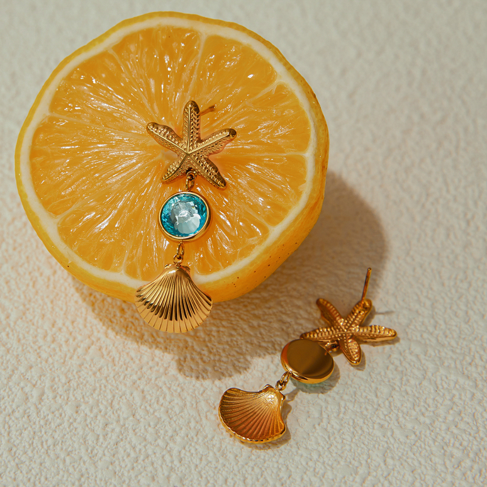 Starfish & Shell Drop Earrings in Gold