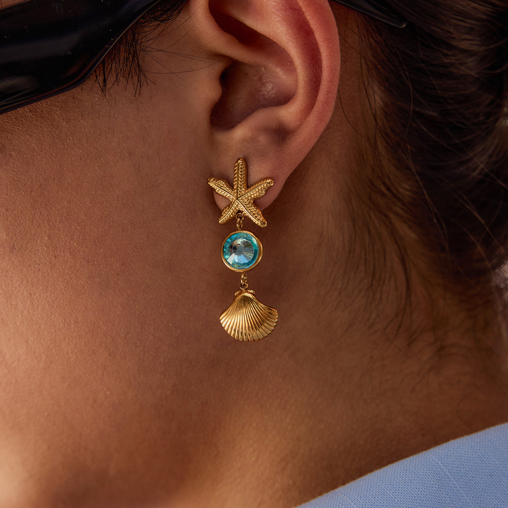 Starfish & Shell Drop Earrings in Gold