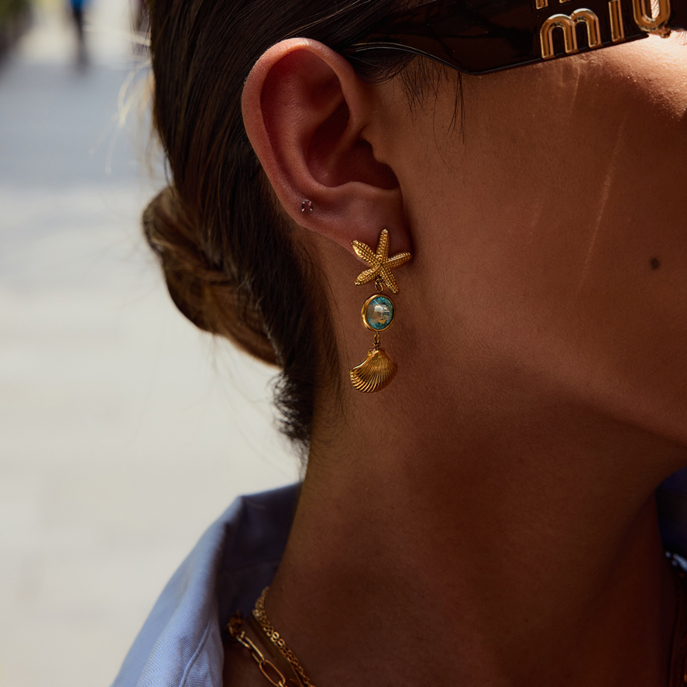 Starfish & Shell Drop Earrings in Gold