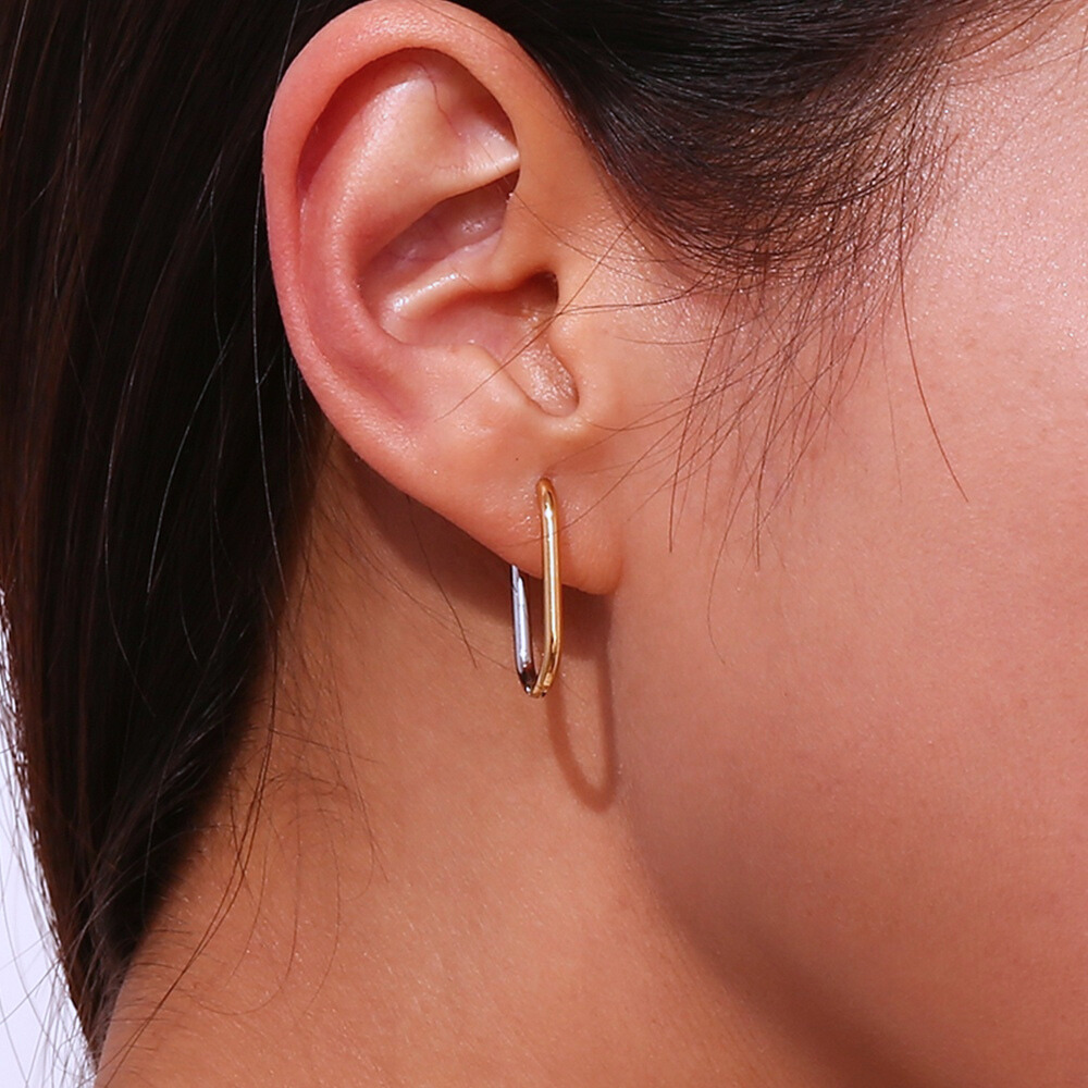 Two Tone Stainless Steel & Gold Plated Rectangle Hoops on Ear by The Happiness Store 3