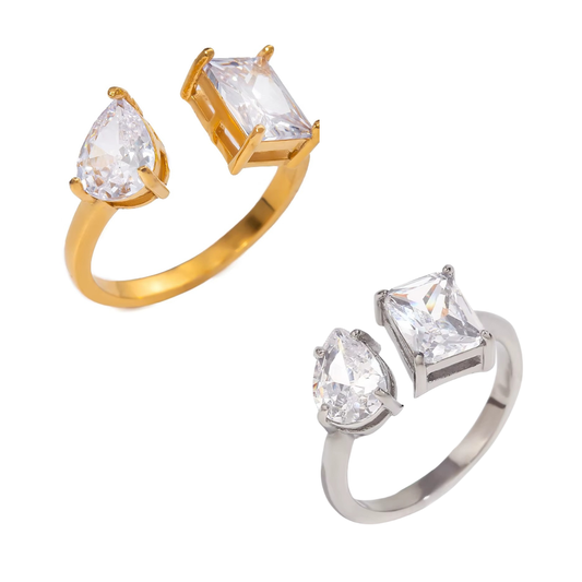 Adjustable Duo Stone Ring – Square & Pear Cut