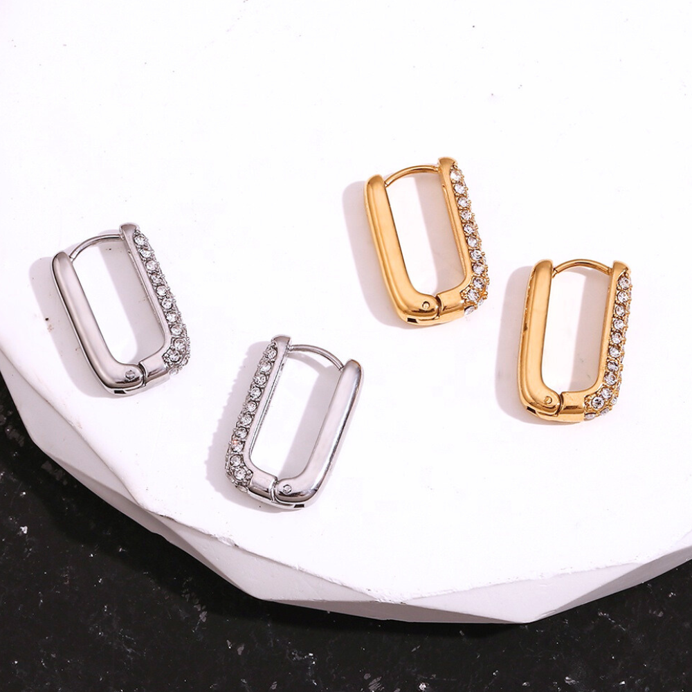 Two-Sided Stainless Steel & Gold Plated Rectangle Shining Zircon Huggies by The Happiness Store 4