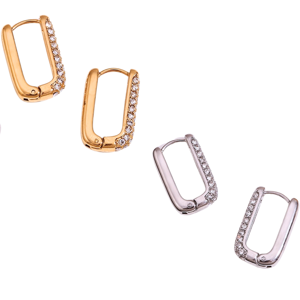 Two-Sided Stainless Steel & Gold Plated Rectangle Shining Zircon Huggies by The Happiness Store