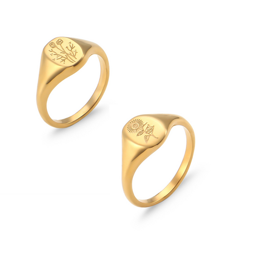 Engraved Wildflower / Sunflower Signet Ring