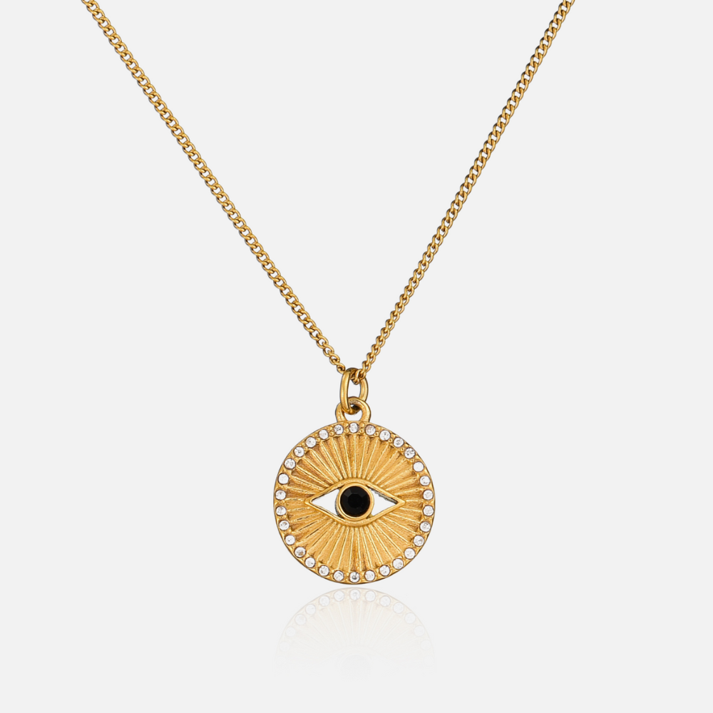 Sunburst Evil Eye Gold Plated Pendant and Necklace by The Happiness Store