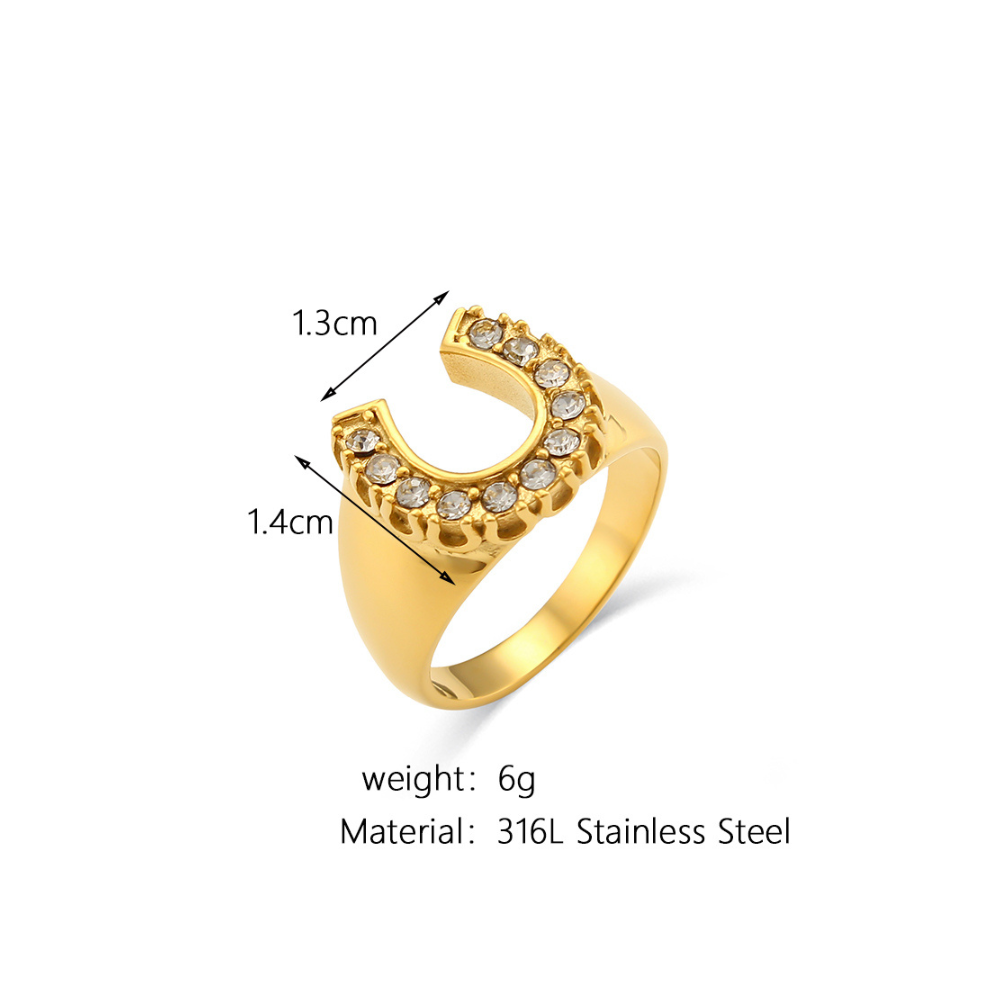 Gold Horseshoe-Shaped Ring with Cubic Zirconia