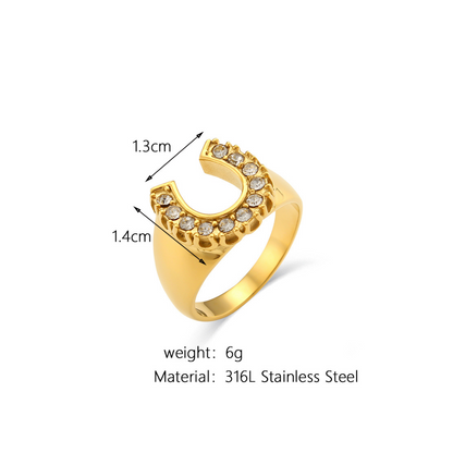 Gold Horseshoe-Shaped Ring with Cubic Zirconia