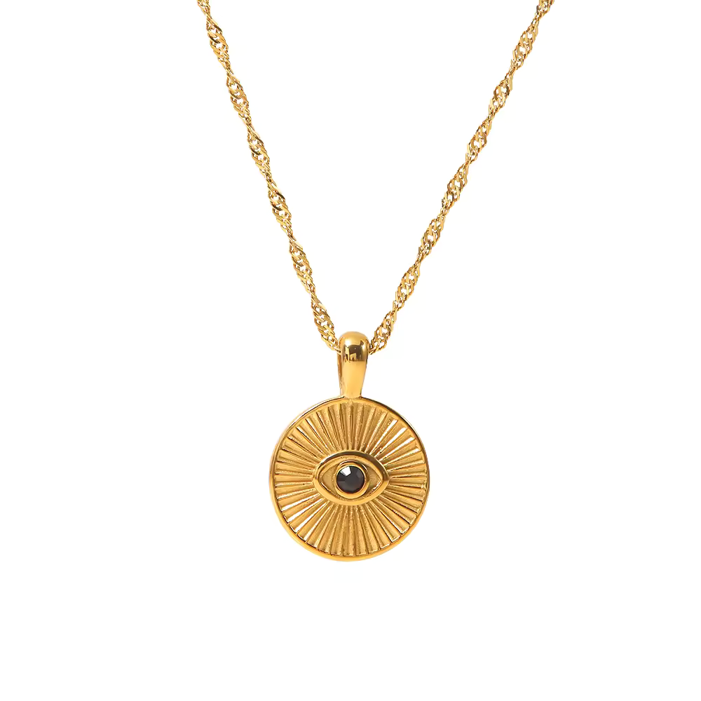 Textured Sunbeam Evil Eye Round Pendant with Chain