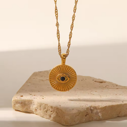 Textured Sunbeam Evil Eye Round Pendant with Chain