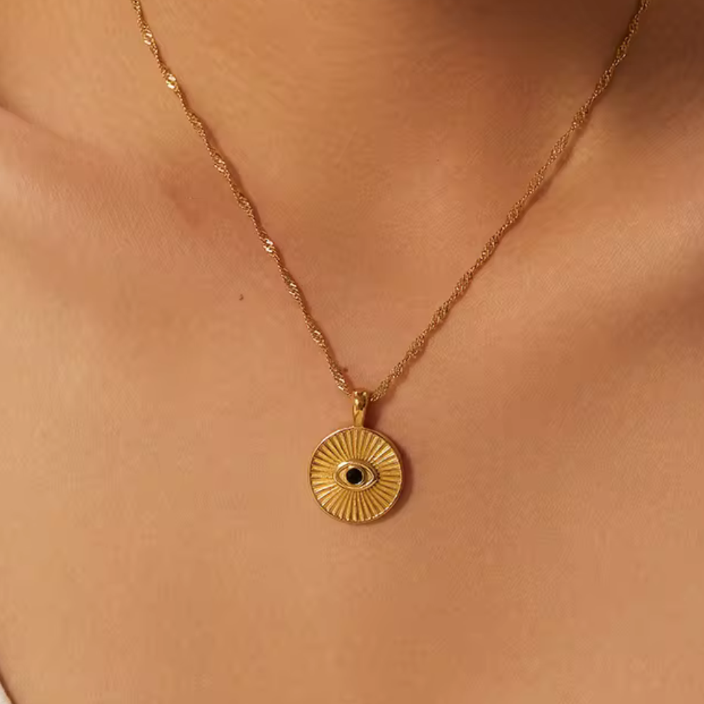 Textured Sunbeam Evil Eye Round Pendant with Chain