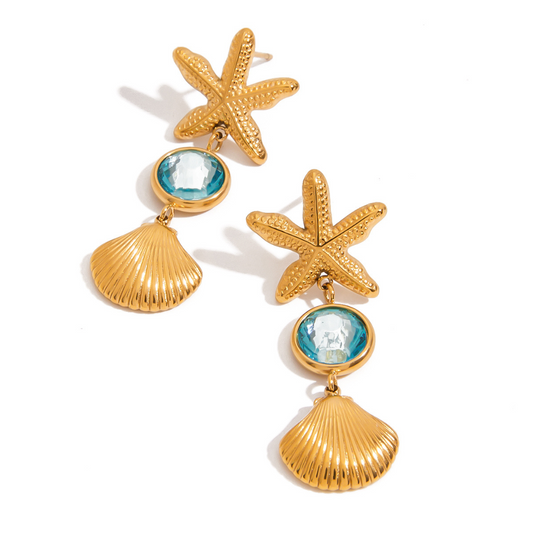 Starfish & Shell Drop Earrings in Gold