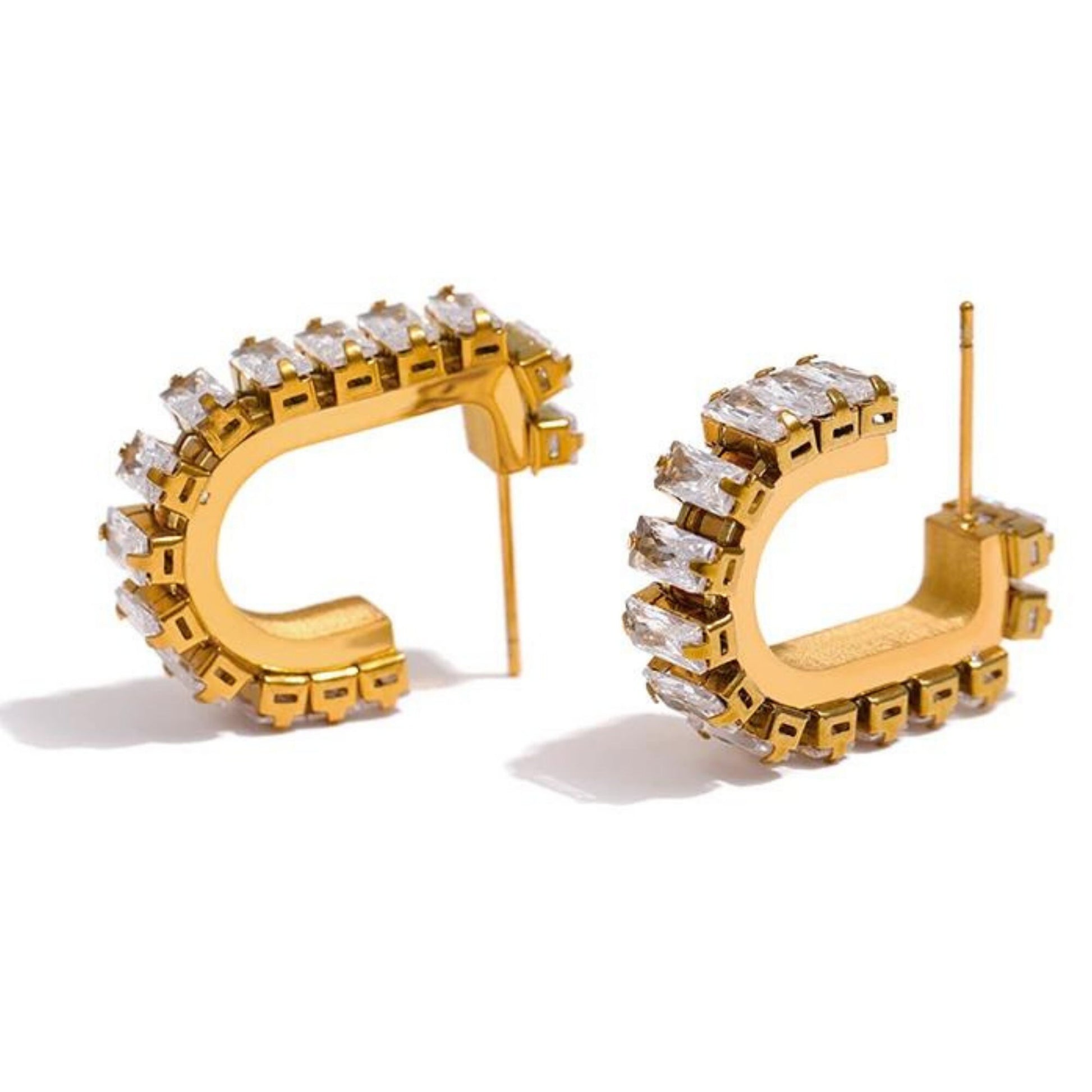 Gold plated Zirconia earring, Baguette CZ Huggie Hoop Earrings, statement earrings, Cz Diamond Earrings, Cubic Zirconia Stud Earrings, gifts