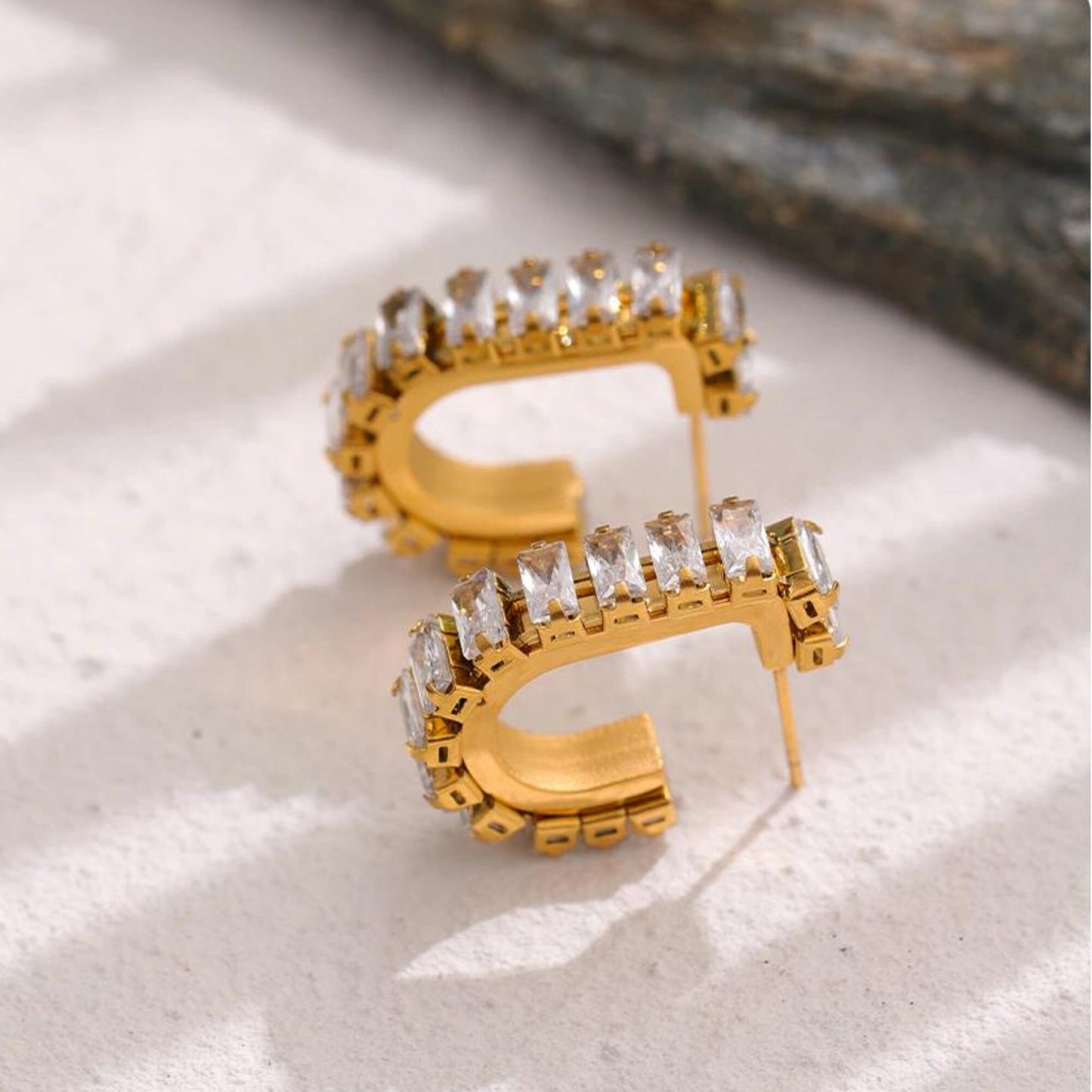 Gold plated Zirconia earring, Baguette CZ Huggie Hoop Earrings, statement earrings, Cz Diamond Earrings, Cubic Zirconia Stud Earrings, gifts