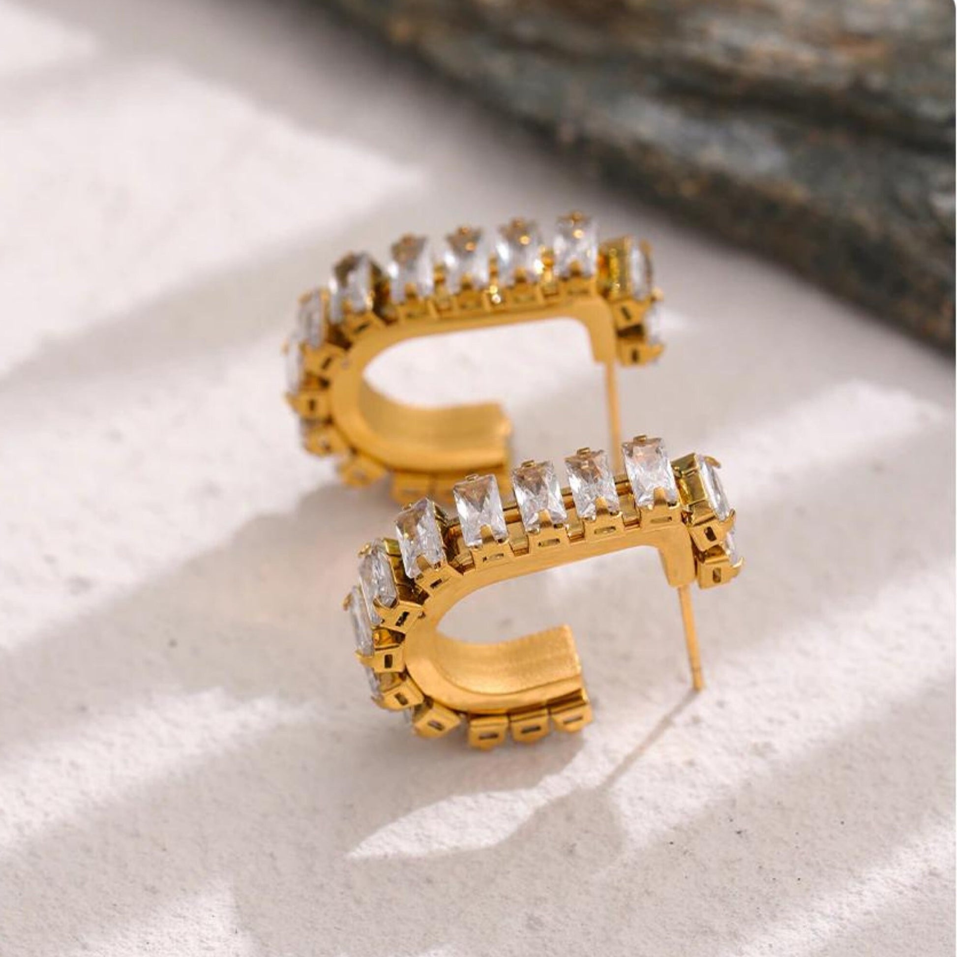 Gold plated Zirconia earring, Baguette CZ Huggie Hoop Earrings, statement earrings, Cz Diamond Earrings, Cubic Zirconia Stud Earrings, gifts