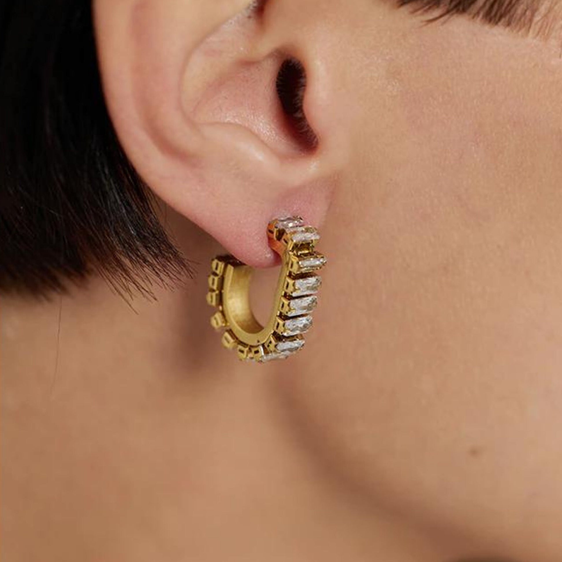 Gold plated Zirconia earring, Baguette CZ Huggie Hoop Earrings, statement earrings, Cz Diamond Earrings, Cubic Zirconia Stud Earrings, gifts