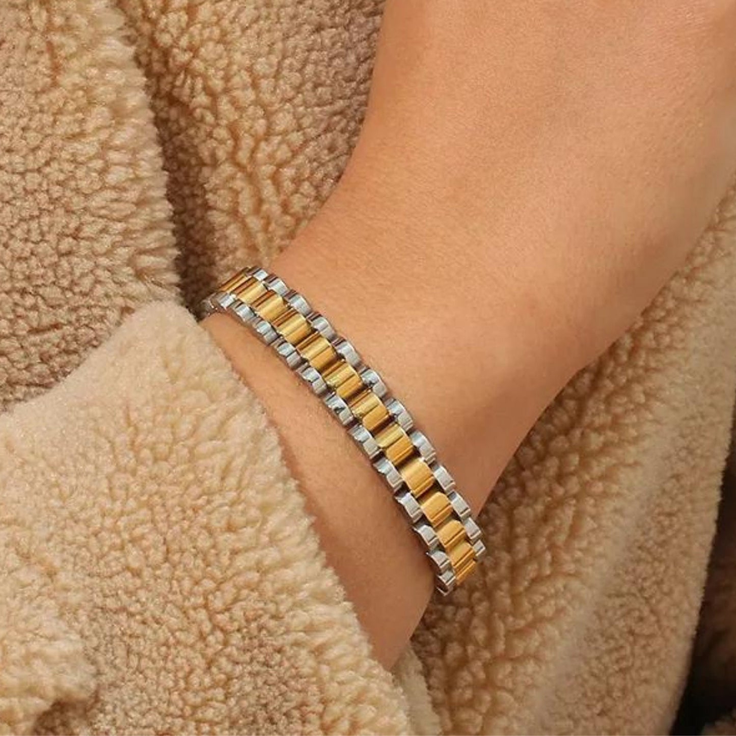 Watchband Link Chain Bracelet • Cuban Snake Chain Bracelet • Mesh Bracelet • 18K Gold Plated Bracelet • 18K Gold Watch Link Chain Bracelet